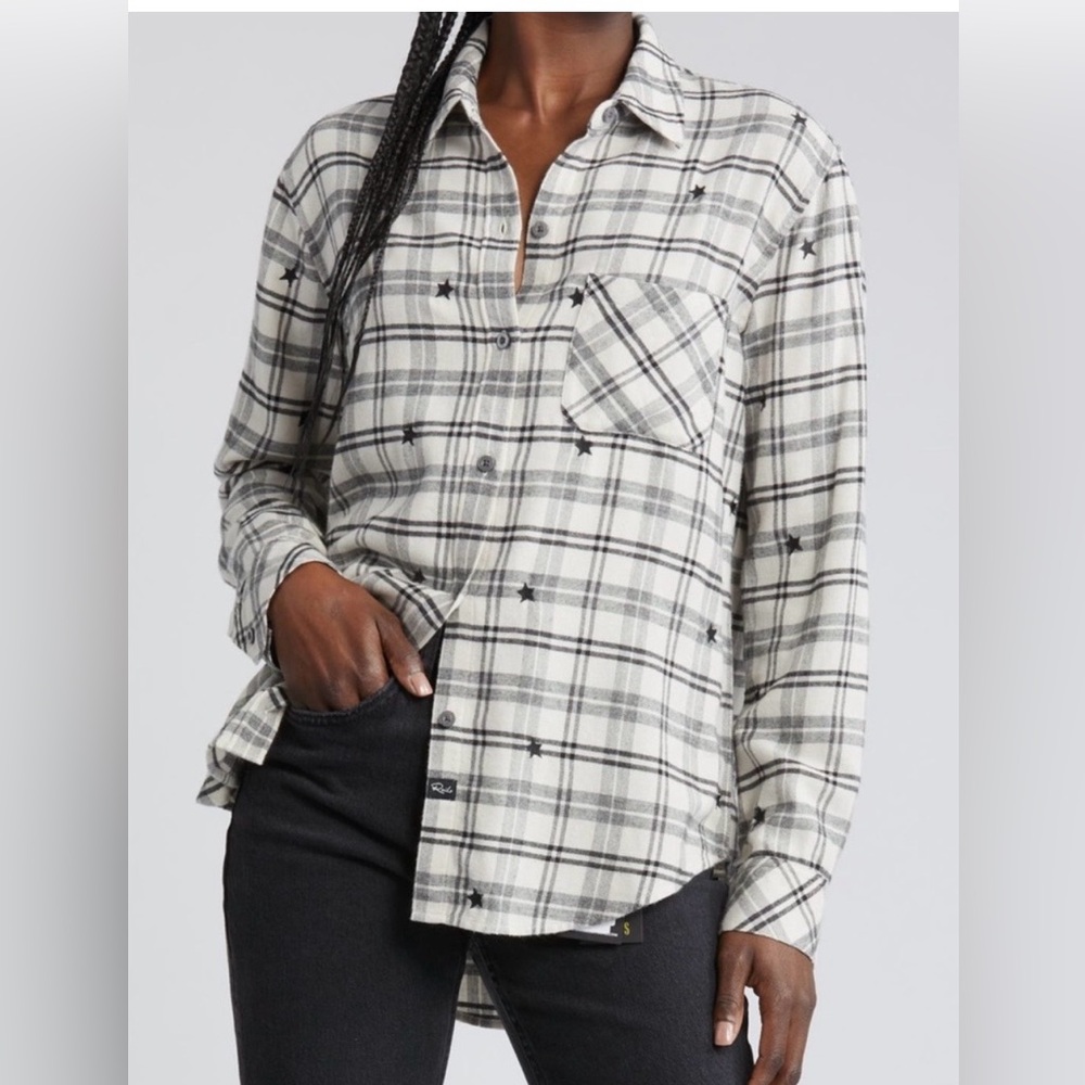 Rails Embroidered Flannel Milo Ivory Check Stars Button Up Shirt Size X-Large
